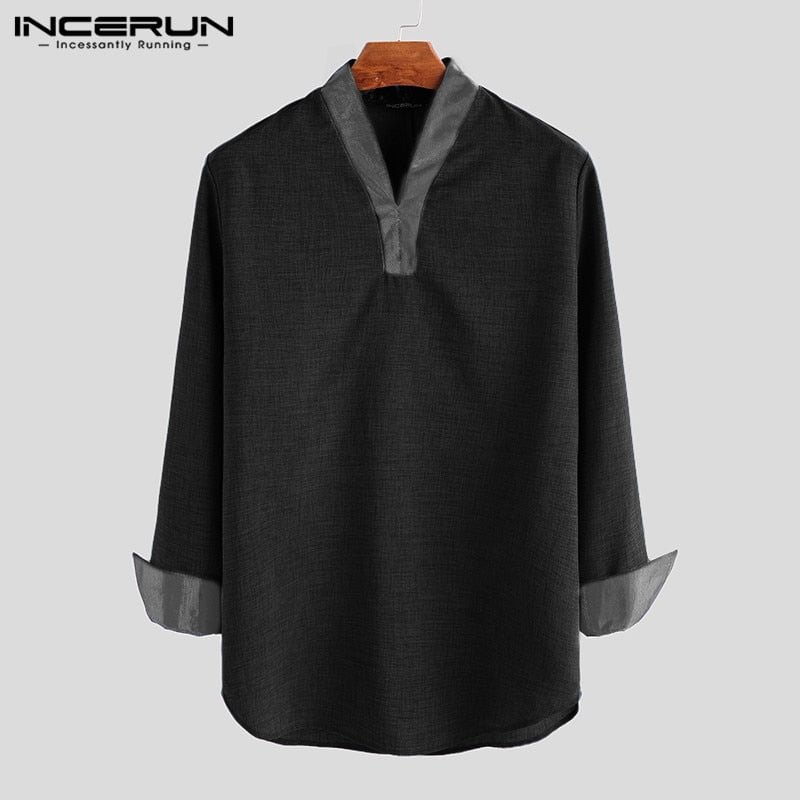 INCERUN Men Shirt Streetwear V Neck Long Sleeve Patchwork Fitness Vintage Casual Shirts Men Indian Clothes Plus Size 2022