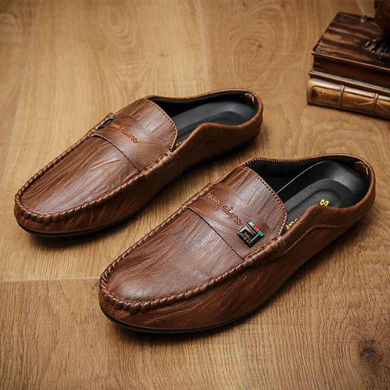 Italian Luxury Men&#39;s Slippers PU Leather Loafers Men Moccasins Casual Non-slip Man Shoes Summer Fashion Half Shoes For Men
