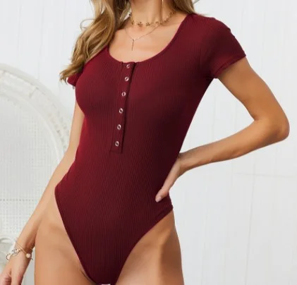 Uveng Uveng Spring And Summer Round Neck Short Sleeve Deep V Sexy Slim Bag Hip Button Solid Color Bottom Jumpsuit