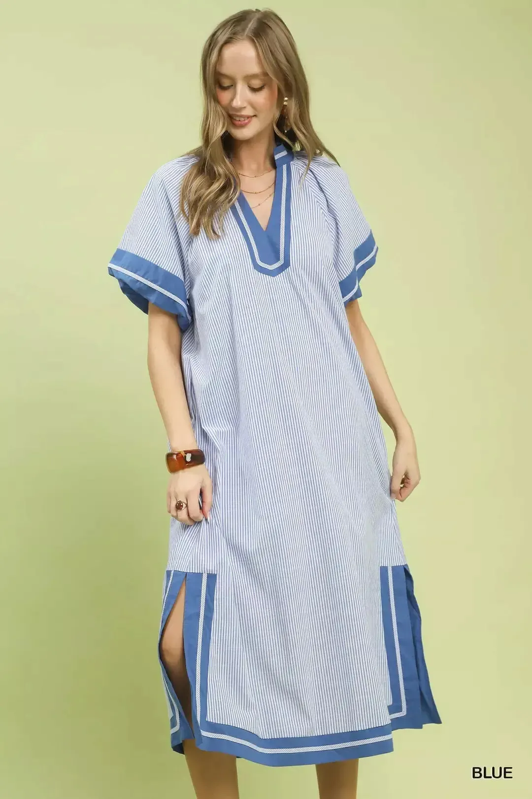 Umgee Pinstripe Contrast Trim Midi Dress mysite idetrend