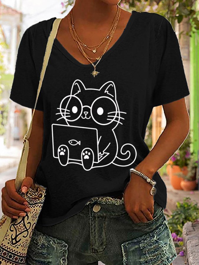 Women's Nerd Cat Print Short Sleeve T-Shirt socialshop