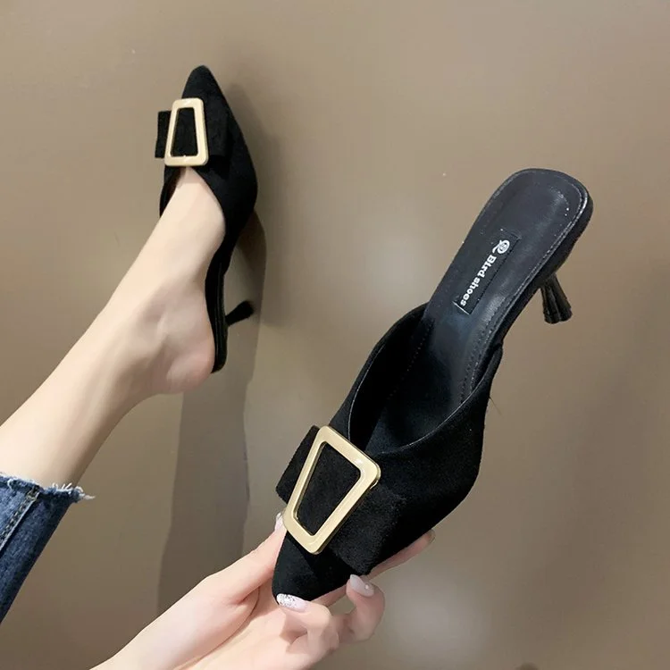 Tanguoant Tanguoant 2023 New Korean Version Of Leopard Print Metal Buckle Baotou Half-Length Sandals High Heels Women's Shoes