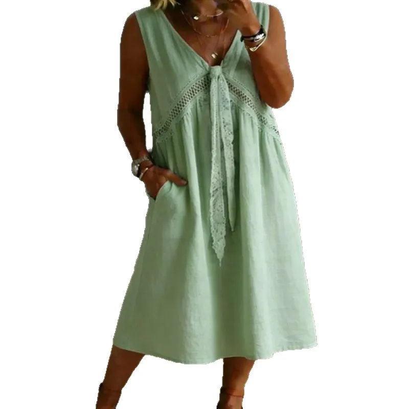 V-Neck Lace Splicing Sleeveless Loose A-Line Cotton Linen Midi Dress