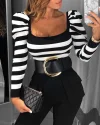 Striped Print Puff Sleeve Square Neck Top