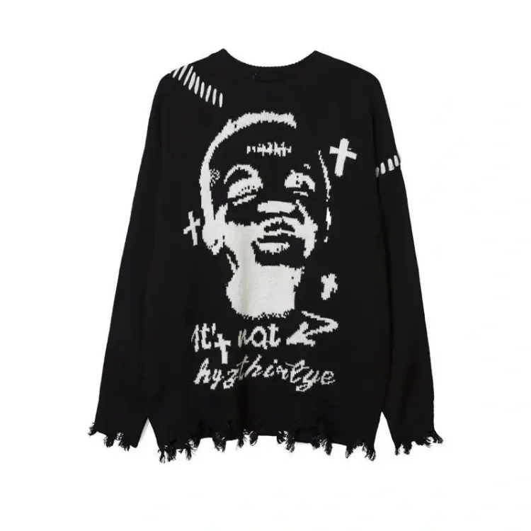 Demandernyc Original Trendy Brand Autumn Winter Dark Style Jacquard Knitted Sweater for Men/Women Raw Edge Hole Loose Casual Couple Pullover