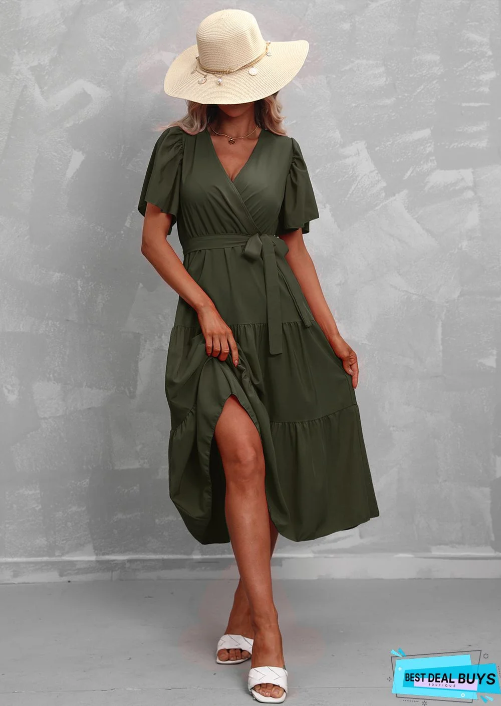 Women's Solid Color V-neck Short Sleeve Dress