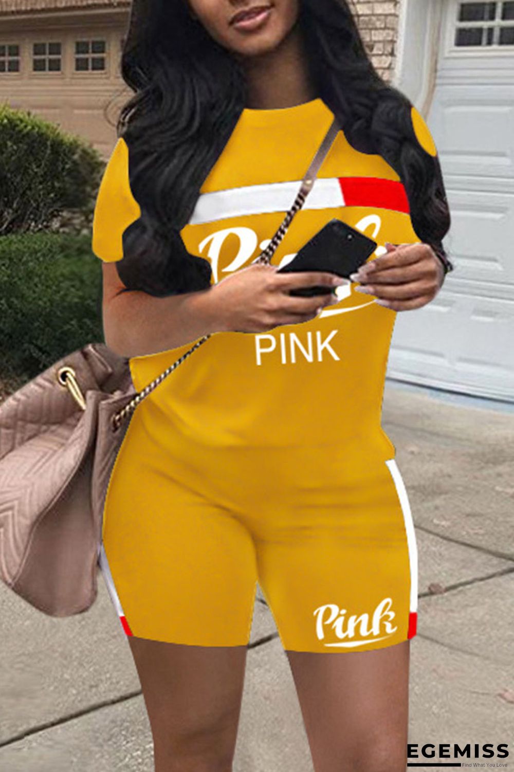 Yellow Casual Print Patchwork O Neck Short Sleeve Two Pieces | EGEMISS