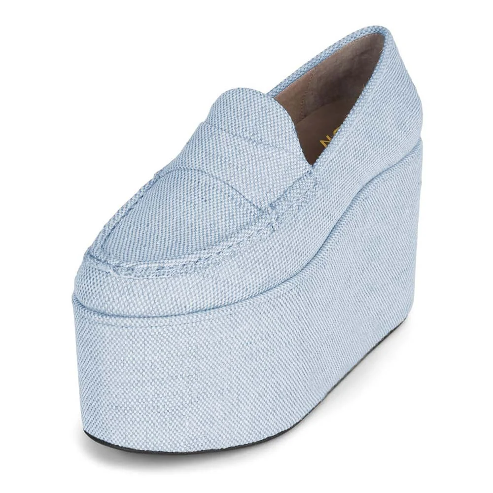 Light Blue Fabric Round Toe Platform Loafers with Wedge Heels