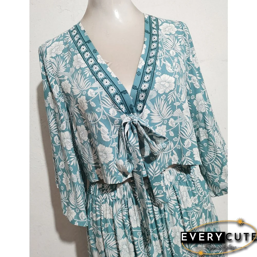 Green V Neck Bohemia Top And Split Skirt Set