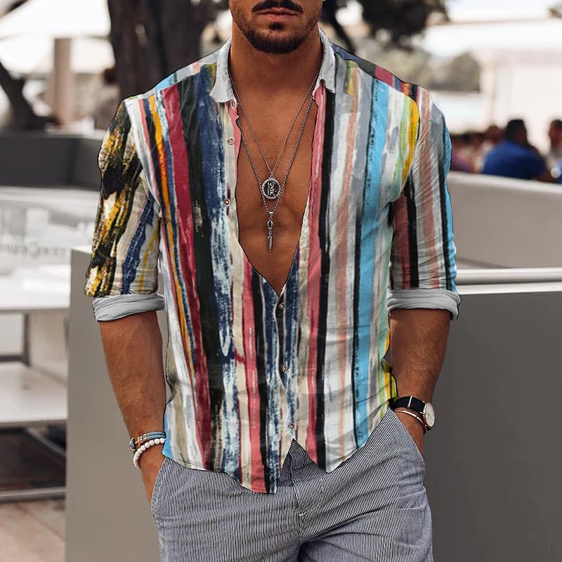 New Mens Fashion Holiday Stripe Line Print Casual Shirt Tops