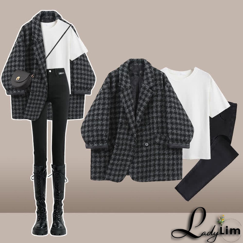 Chic Lattice Print Lapel Blazer T-Shirt High Waist Slim Denim Pants