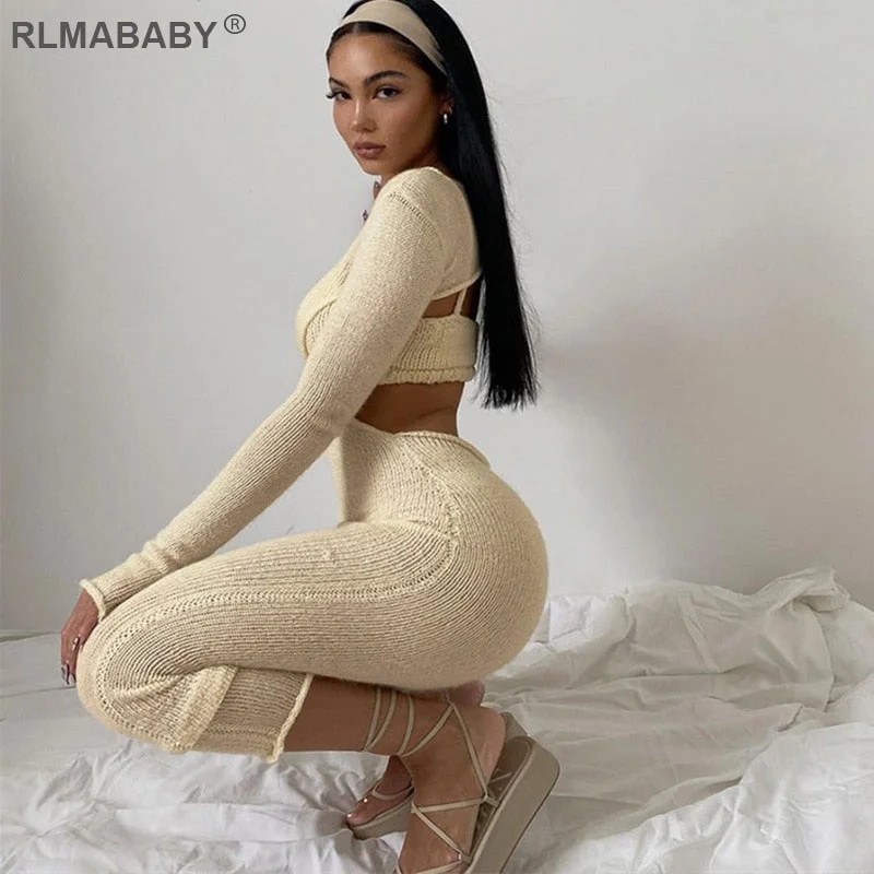Knitted Sweater 2 Piece Set Suit Women Sexy Bacless Long Sleeve Maxi Bodycon Dress And Spaghetti Strap Cropped Top Outfits Set