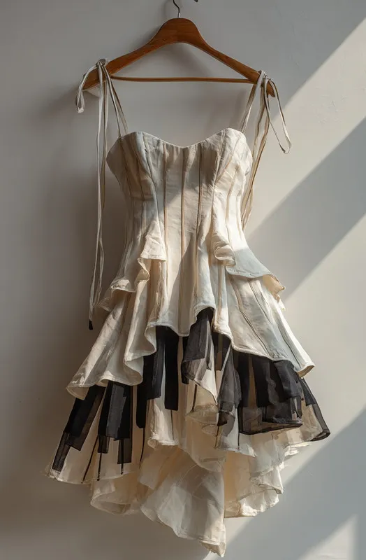 Retro Elegant Music Theme Irregular Stitching Dress 141e