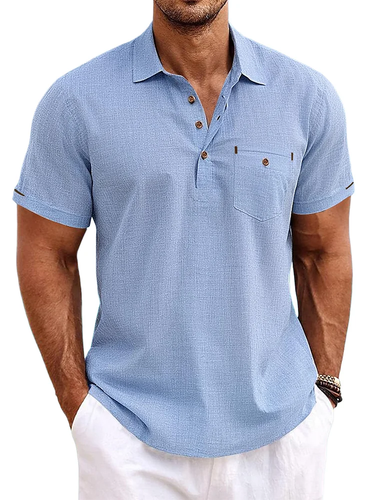 Men's summer beach cotton and linen solid color pocket short-sleeved shirt