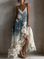 Women's Retro White Rose Gradient Pattern Casual Sleeveless Dress