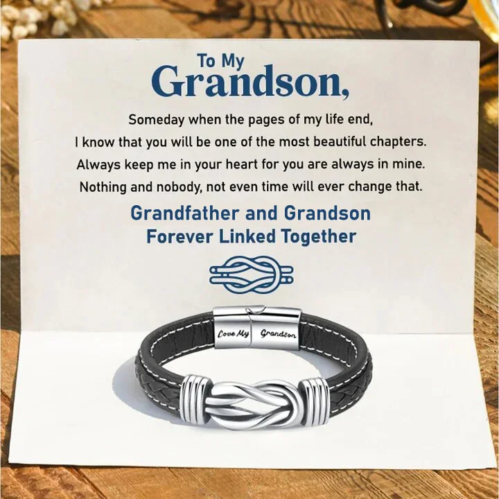 Grandfather and Grandson Forever Linked Together Leather Knot Bracelet Birthday Warm Gift