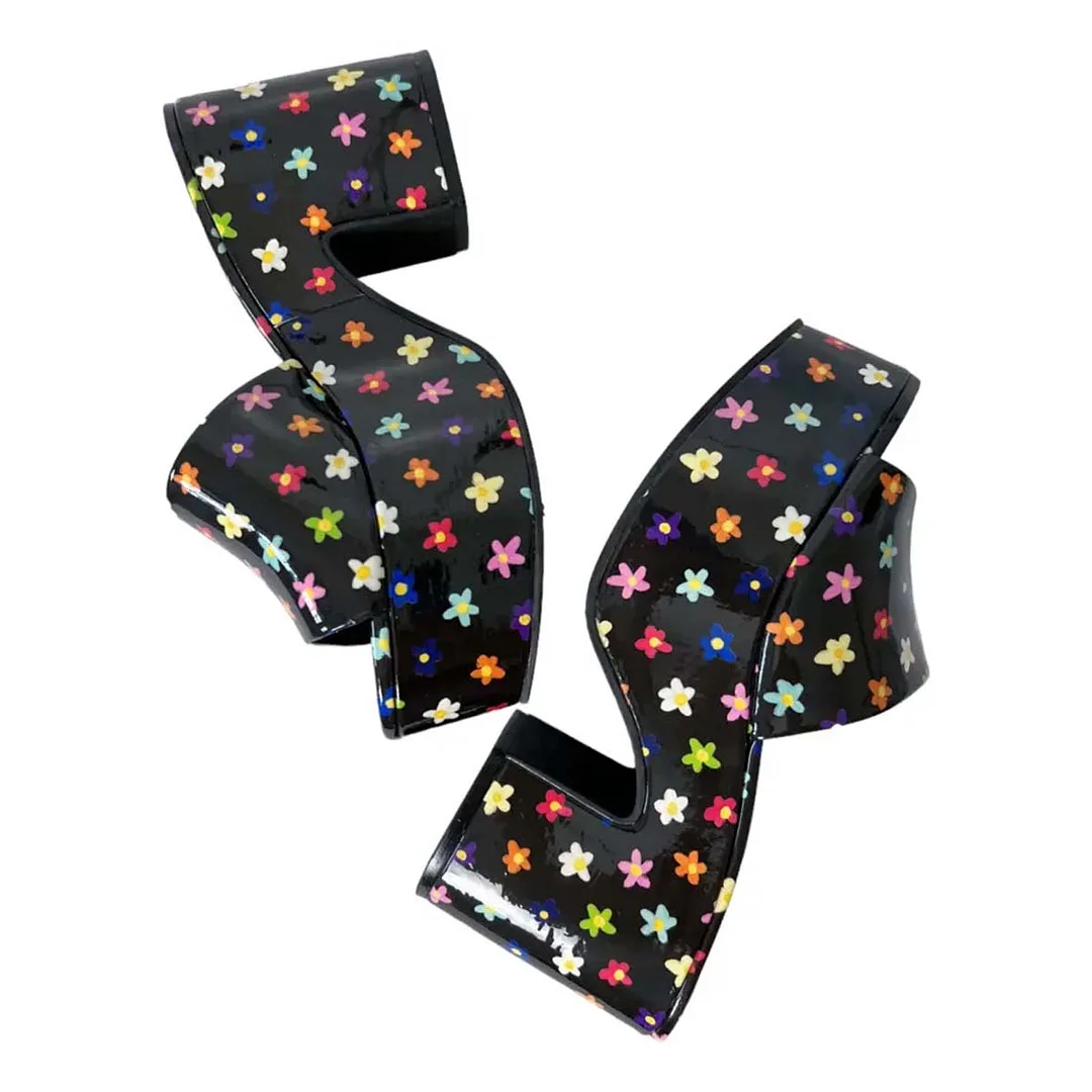 Black Patent Leather Chunky Heel Platform Sandals with Flower Print