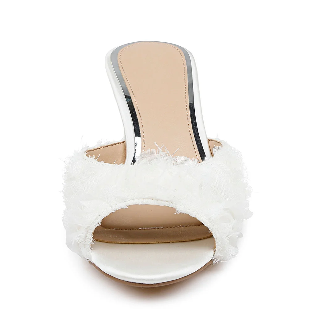 Women's White Satin Peep Toe Comfortable Heeled Mules with Ruffle