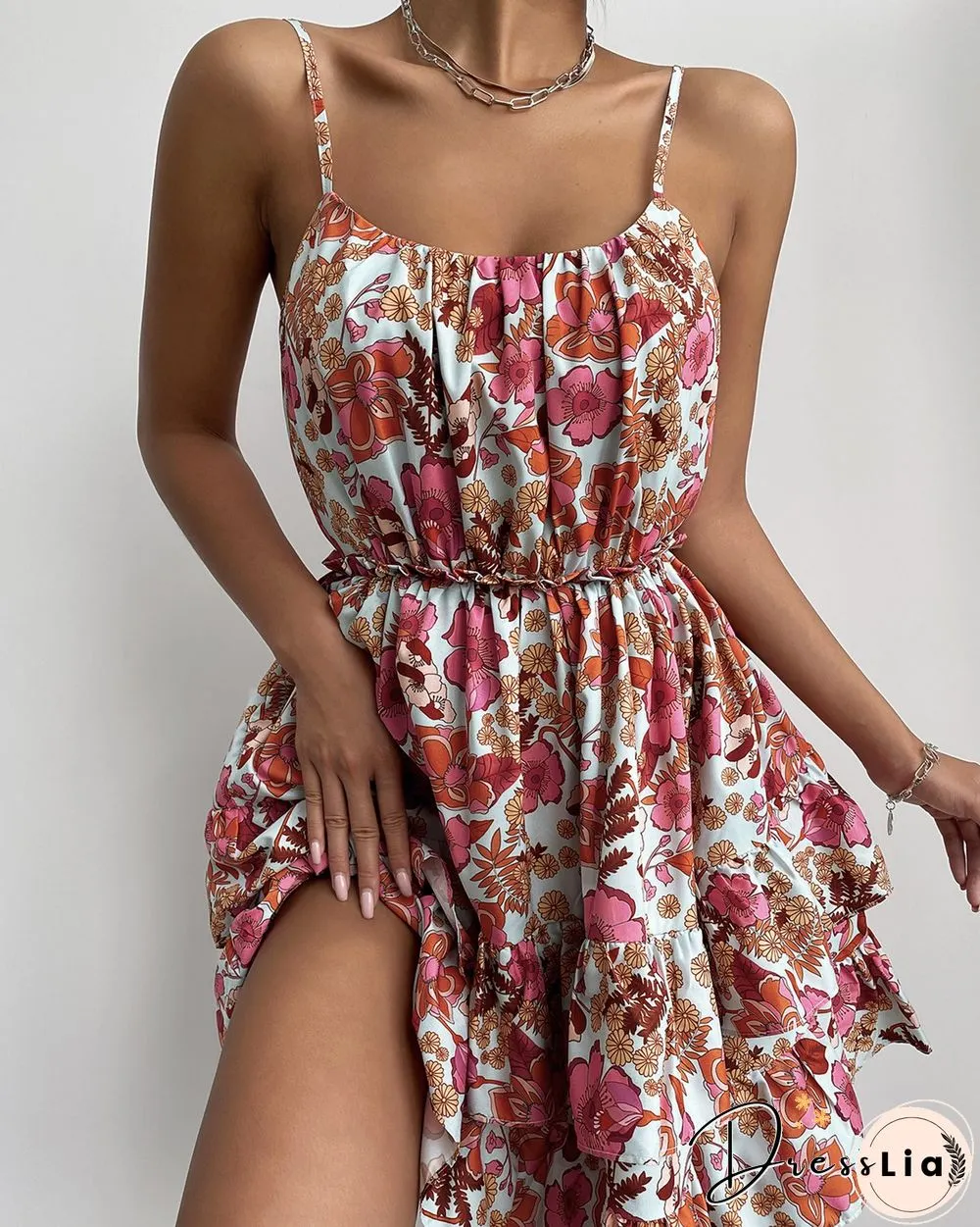 Floral Print Ruffle Hem Ruched Cami Dress