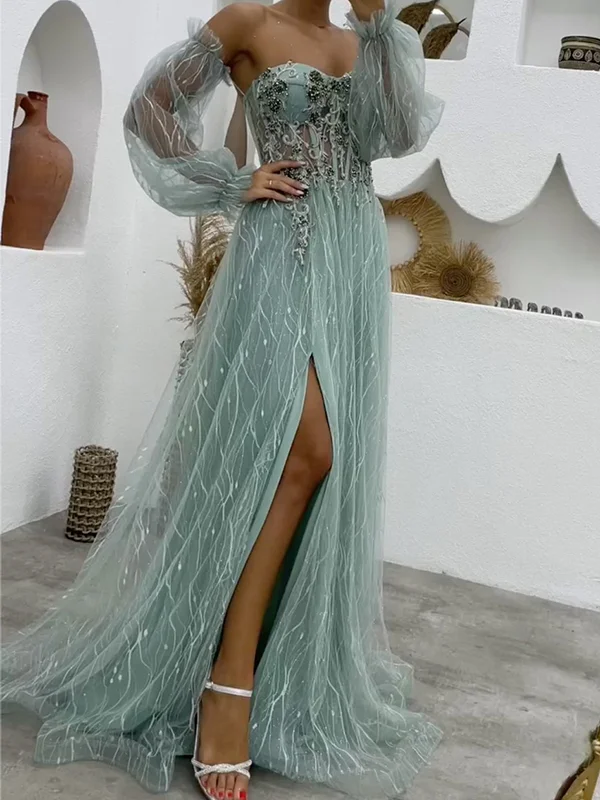 Sequinned Flower Mesh Off-The-Shoulder Long Sleeves Maxi Dresses