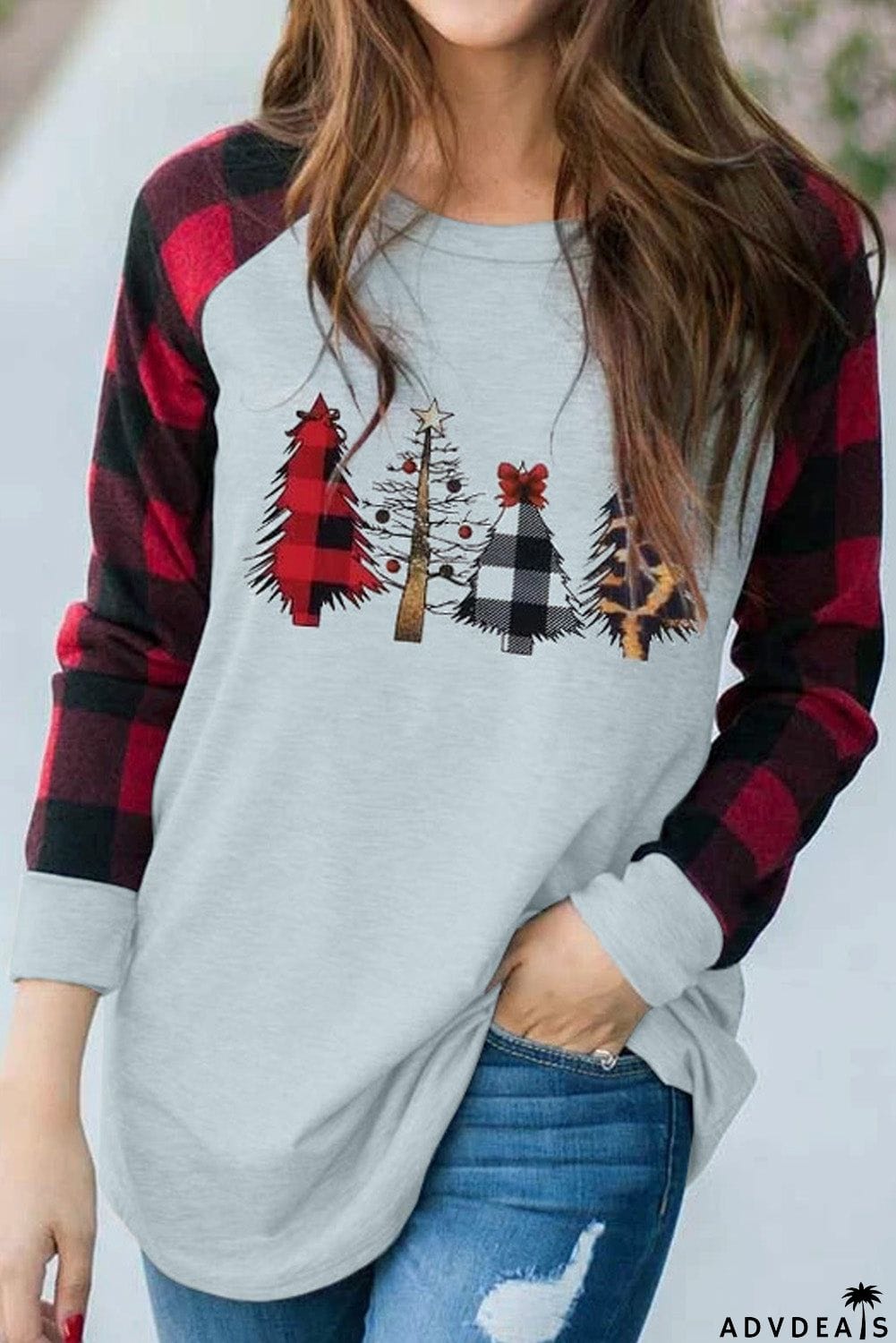 Christmas Pattern Plaid Splice Long Sleeve Top