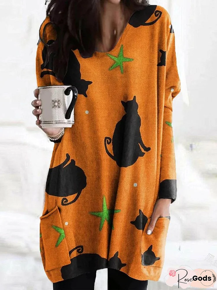 Halloween Cat Crew Neck Casual Loose Dresses