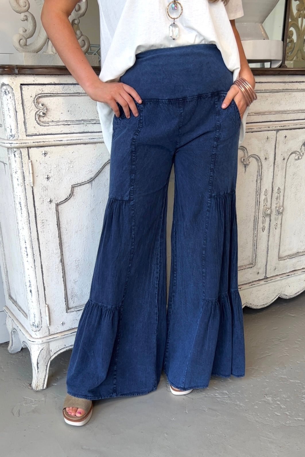 Casual ruffled solid color wide-leg pants
