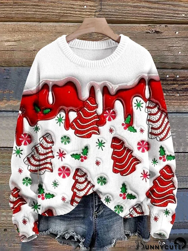 Women's Christmas Art Print Knit Pullover Sweater