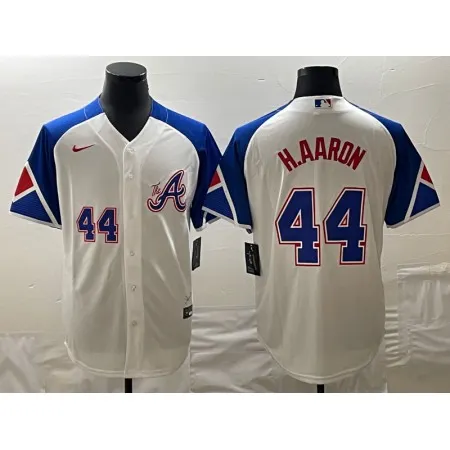 Men's Atlanta Braves #44 Hank Aaron White 2023 City Connect Cool Base With Patch Stitched Baseball Jersey 9ABL