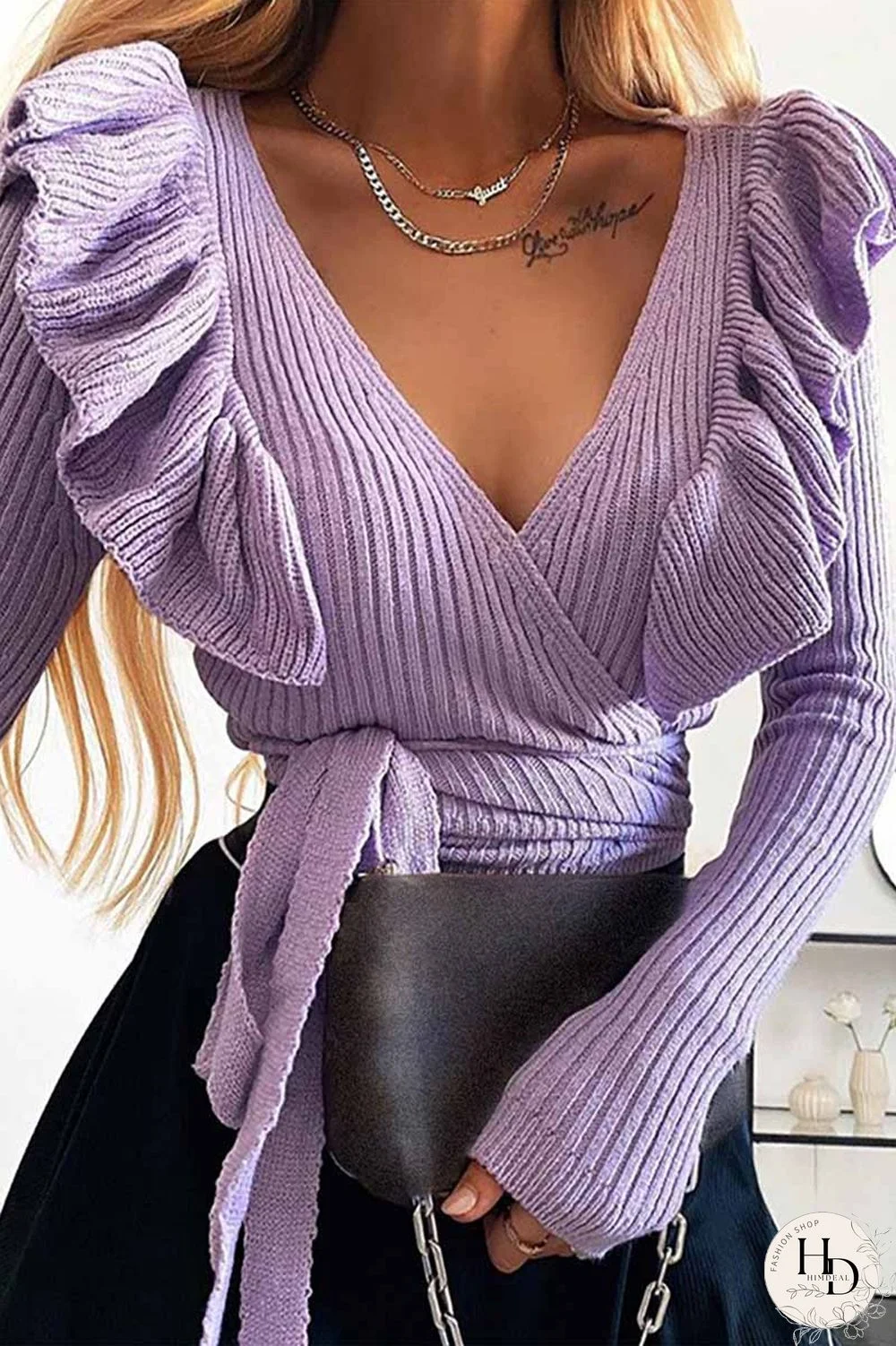 Sexy V-Neck Knitted Lace-up Sweater