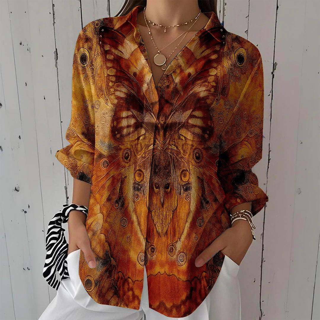 Style & Comfort for Mature Women Women Ethnic, Bohemian, Brown DZCL0486 3/4 Sleeve Shirt Collar Printed Button Tops