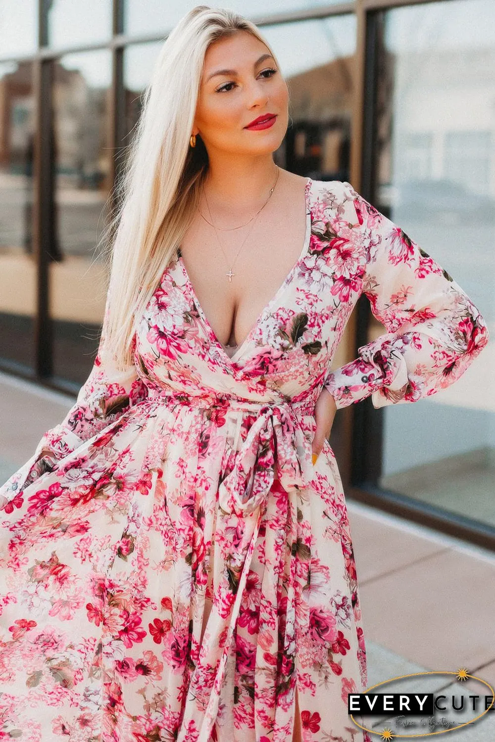 Pink Wrap V Neck Floral Maxi Dress