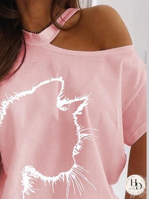 Cat Print Off The Shoulder Casual T-shirt for Women