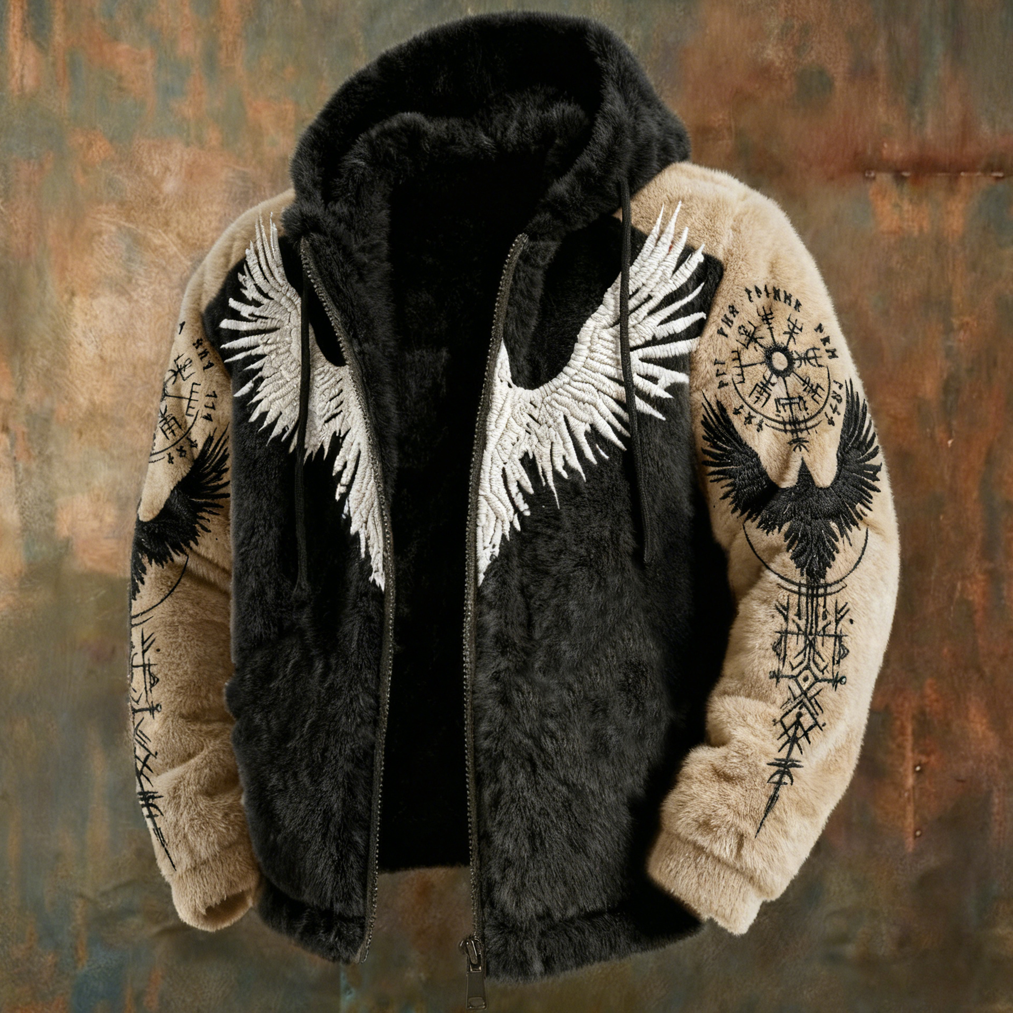Men's Viking Tribal Jacquard Celtic With Crows & Wings Inspired Plush Warm Zipped Hooded Jacket elevenforest