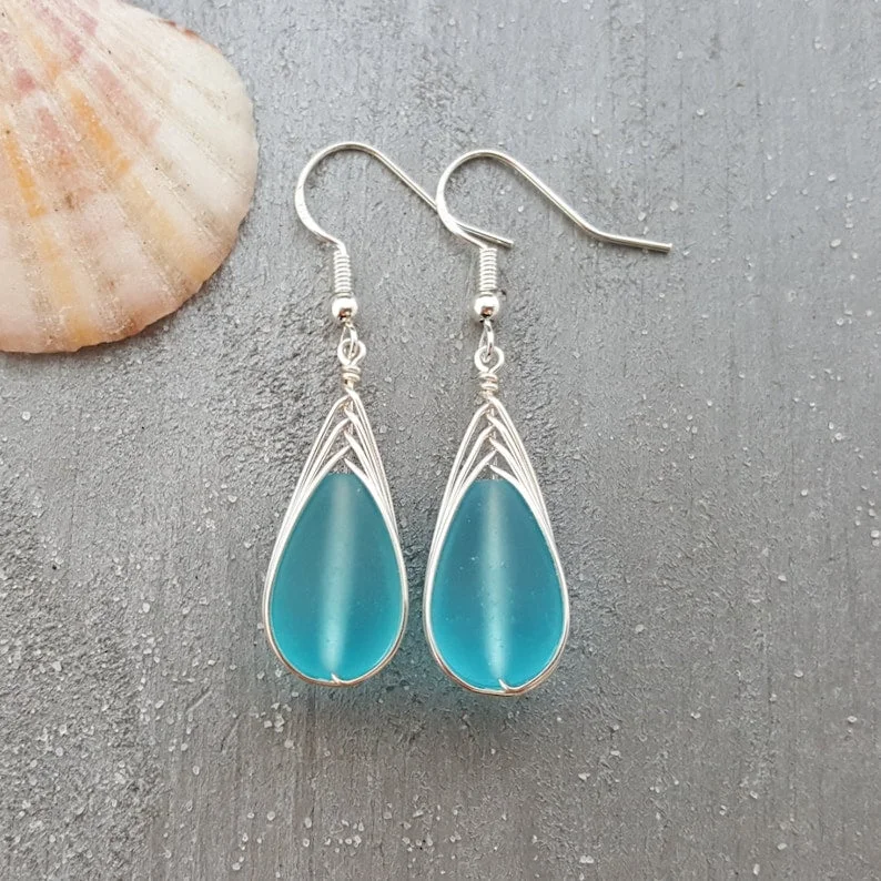 S925 Teardrop Sea Glass Earrings