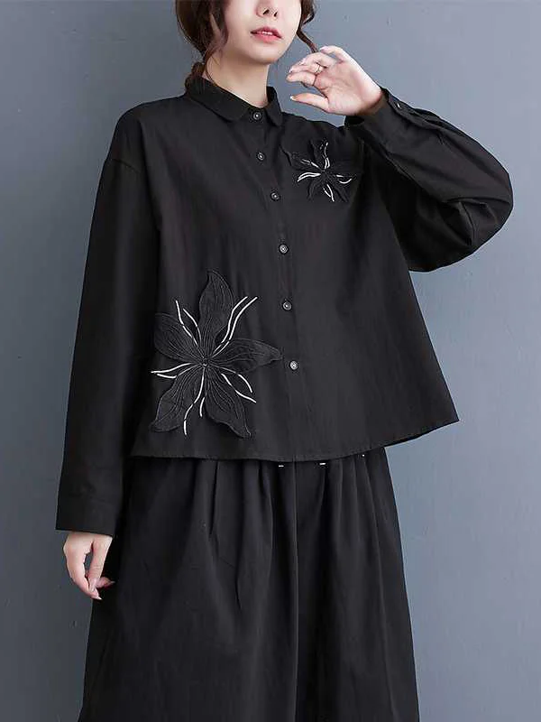 Embroidered Buttoned Applique Loose Long Sleeves Lapel Blouses&Shirts Tops