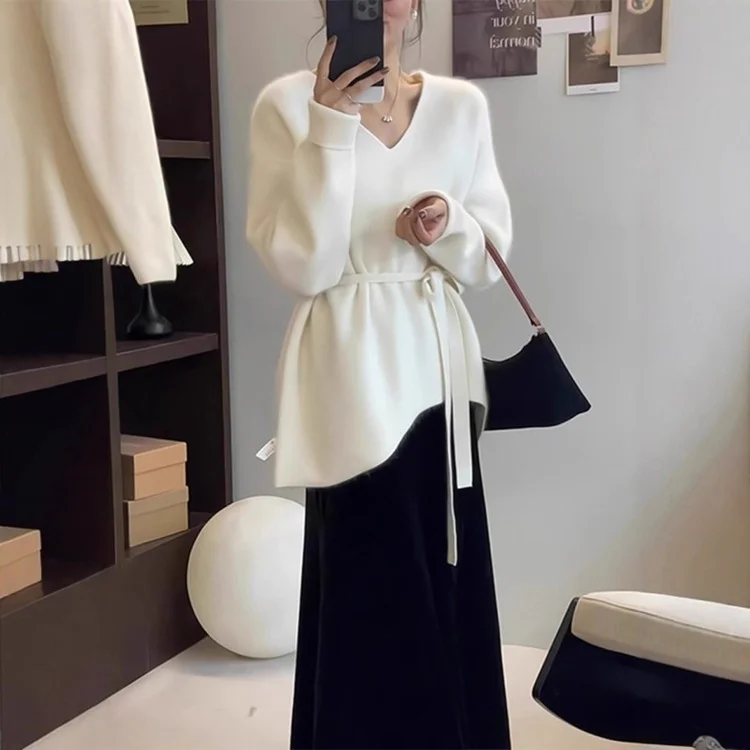Athvotar Athvotar Goods V-Neck Belt Long Sheep Velvet Women Autumn And Winter Loose Knitted Wool Inside The Bottom Sweater
