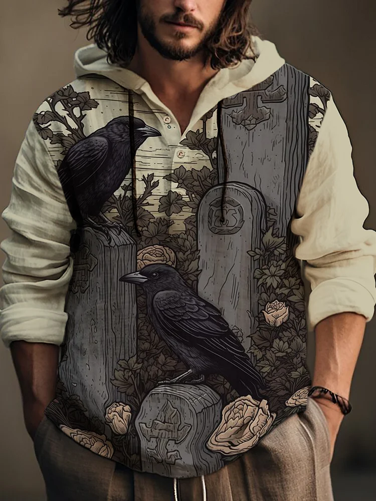 Men's Raven Gravestone Illustration Print Hooded Shirt