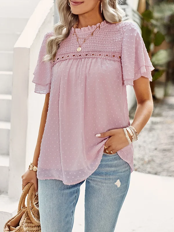 Ruffle Sleeves Hollow Jacquard Pleated Solid Color Round-Neck Blouses&Shirts Tops