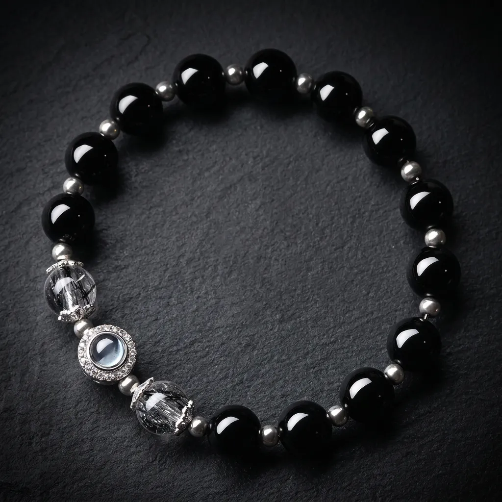 JiStones Midnight Serenity Bracelet - Obsidian & Black Rutilated Quartz with Aquamarine Accents Aquamarine & Midnight Quartz-12mm (Bold)