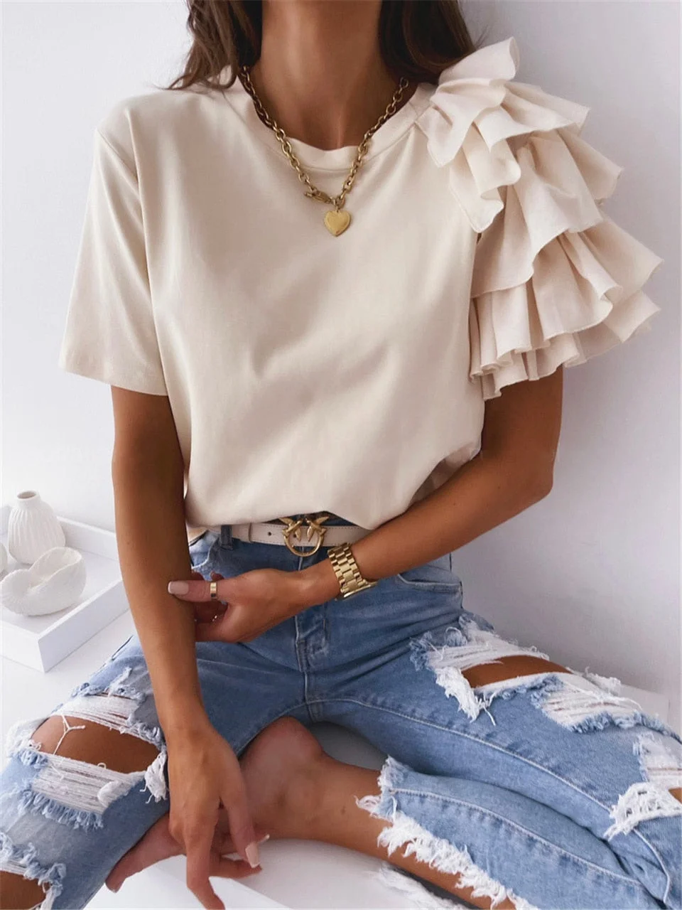 Elegant Chic One-Shoulder Layered Ruffle Shirts Blusen Summer Office Lady Casual Solid Blouses Women Fashion Blusas Bluzlar