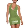 Plus Size Women Beach Party Vocation Halter Dress PVC Leather Deep V-neck Sleeveless Stretch Mini Dress Sexy Wrap Hips  Attire