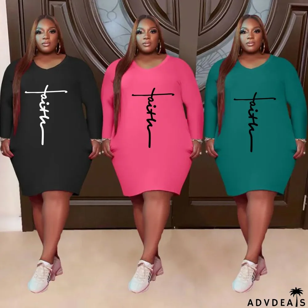 Plus Size Letter Print Long Sleeve Casual Dress