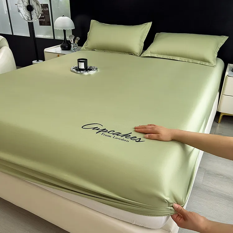 Summer Ice Silk Fitted Sheet with Letter Embroidery Mattress Cover