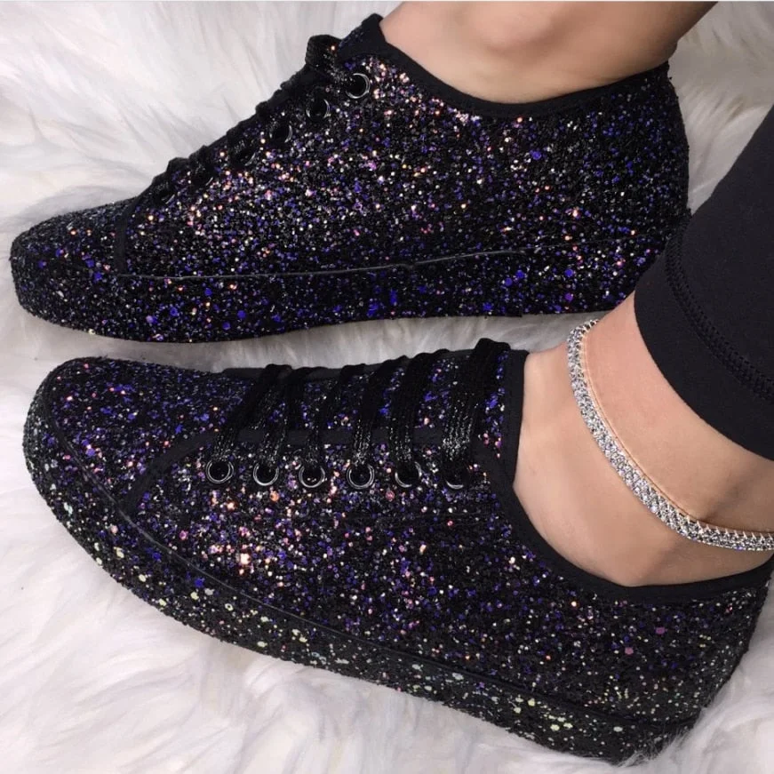 Women Lace Up Sneakers Glitter Autumn Flat Vulcanized Ladies Bling Casual Female Fashion Platform Zapatos De Mujer Shoes tyh78