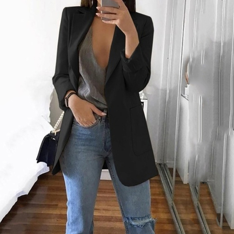 Women's Casual Mid Coat Lapel Slim Cardigan Outdoor Work Suit Jackets Open Front Coat Cloak Jackets Blazer