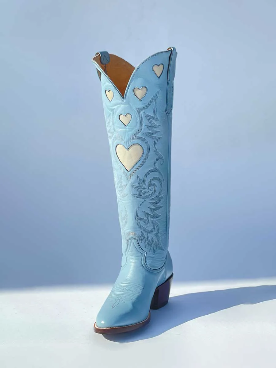 Blue Embroidered Round Toe White Heart Inlay Knee Cowgirl Boots