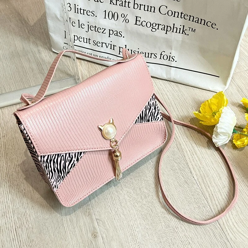 Cat Head Stitching Tassel Small Square Bag 2023 New Summer Ladies Niche One-shoulder Messenger Bag Leopard Print Tote