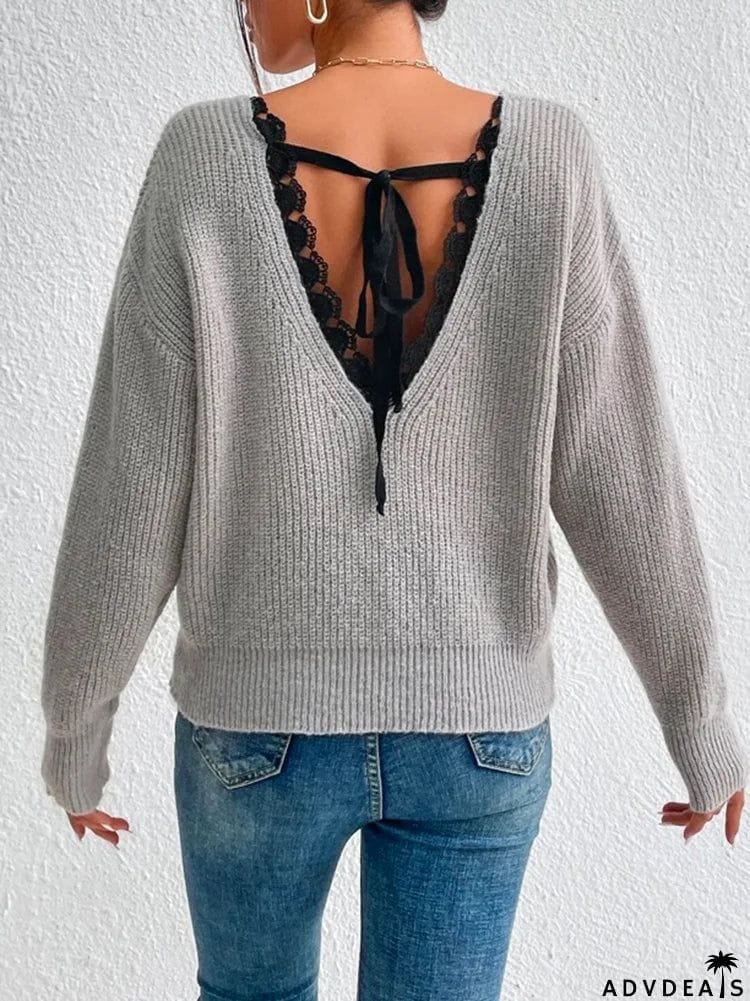 Fashion Long Sleeves V-Back Split-Joint Lace V-Neck Sweater Tops