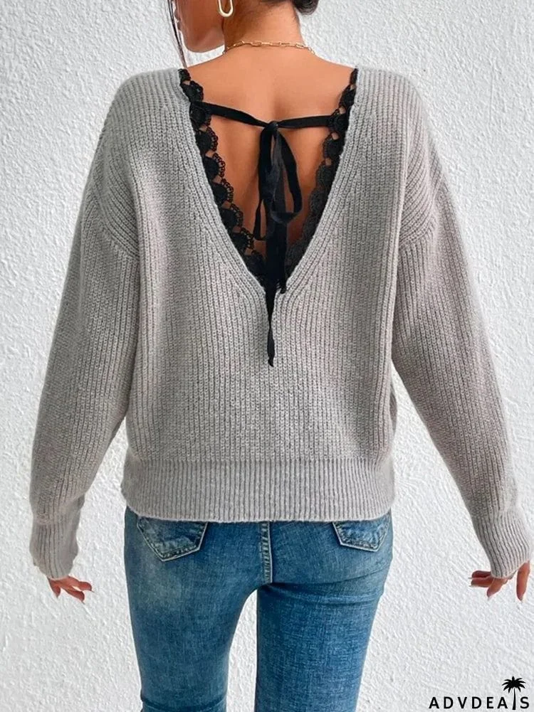 Fashion Long Sleeves V-Back Split-Joint Lace V-Neck Sweater Tops